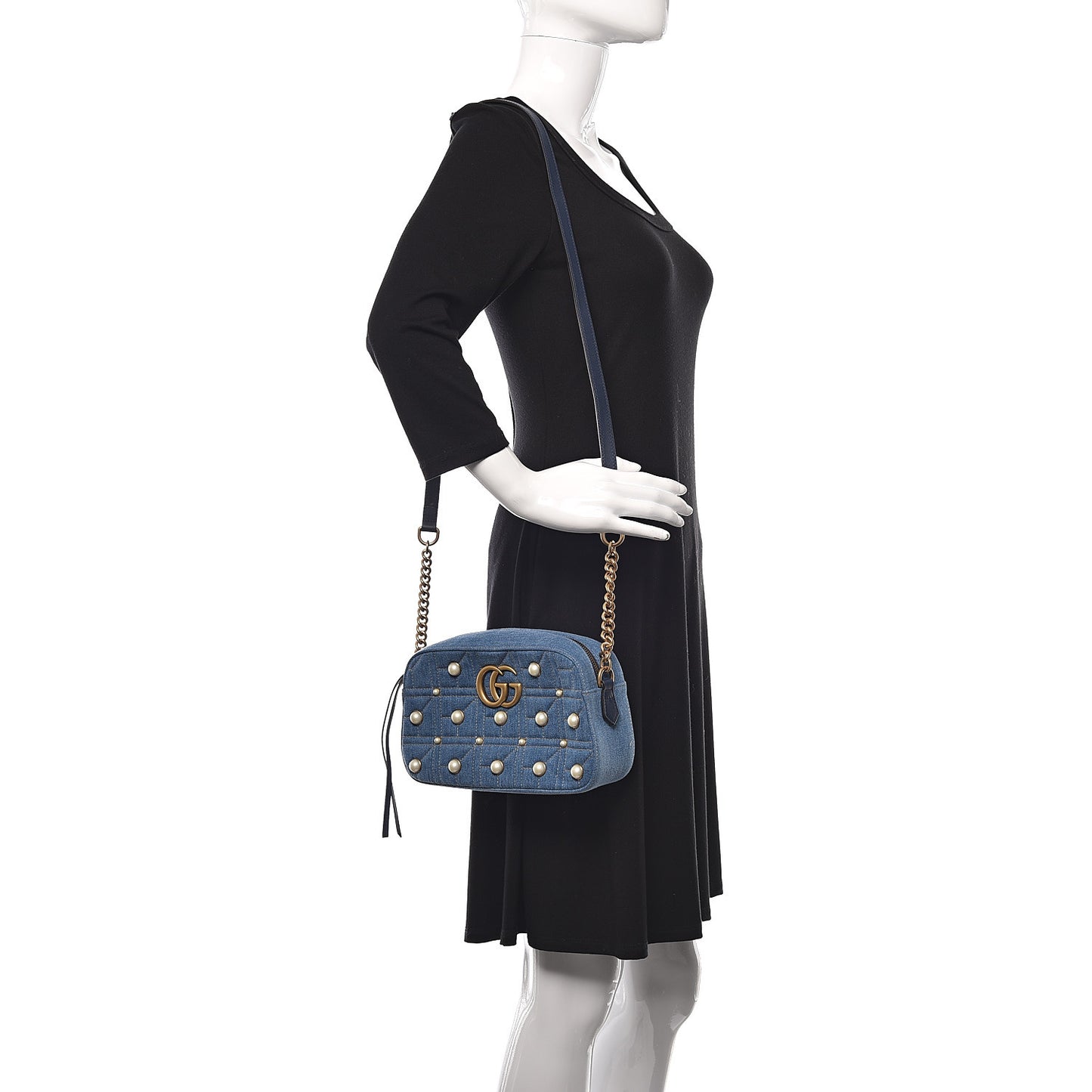 Denim Matelasse Pearl Studded Small GG Marmont Chain Shoulder Bag Blue