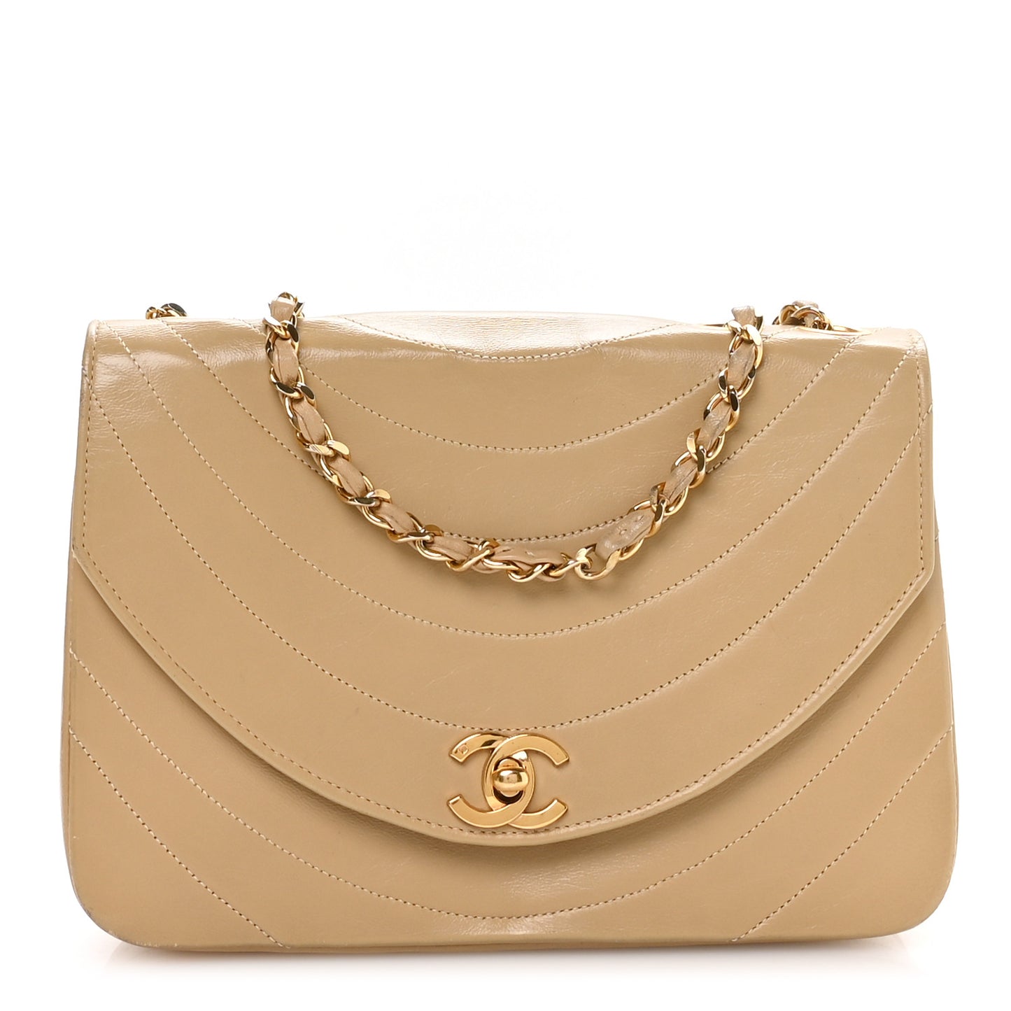 Lambskin Ribbon Stitched Flap Beige
