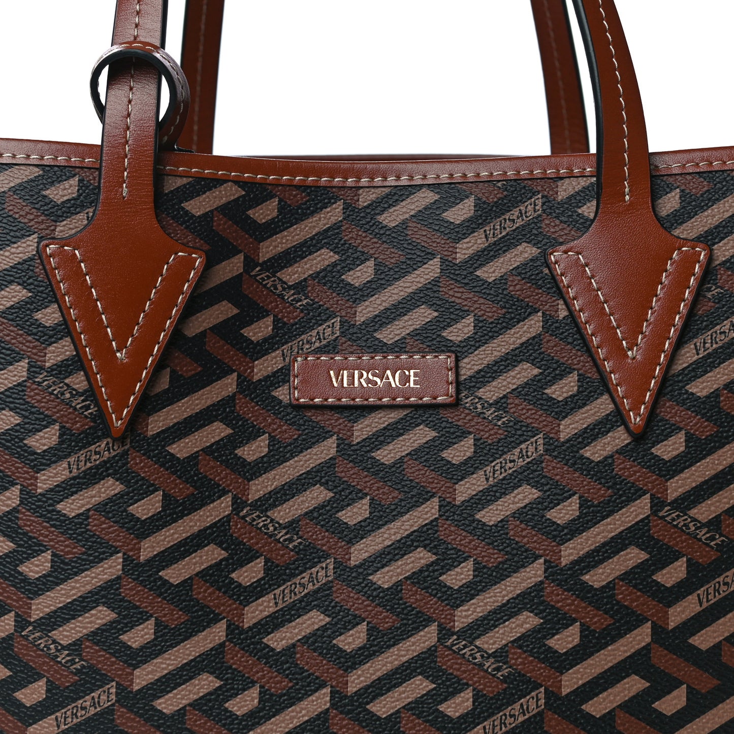 Coated Canvas Calfskin La Greca Signature Shopper Tote Bag Black Caramel