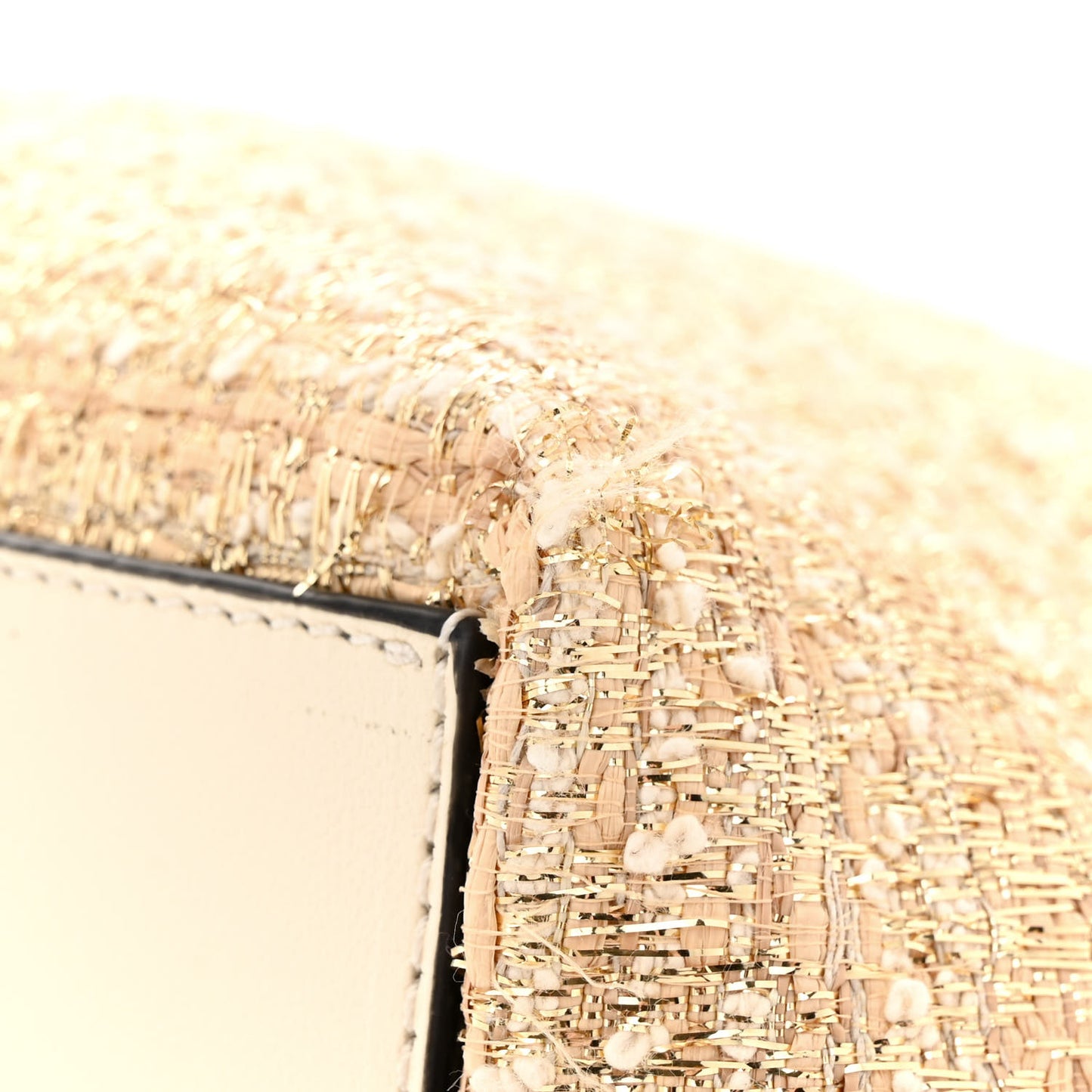 Metallic Boucle Raffia Calfskin Rockstud Shoulder Tote White Gold Ivory