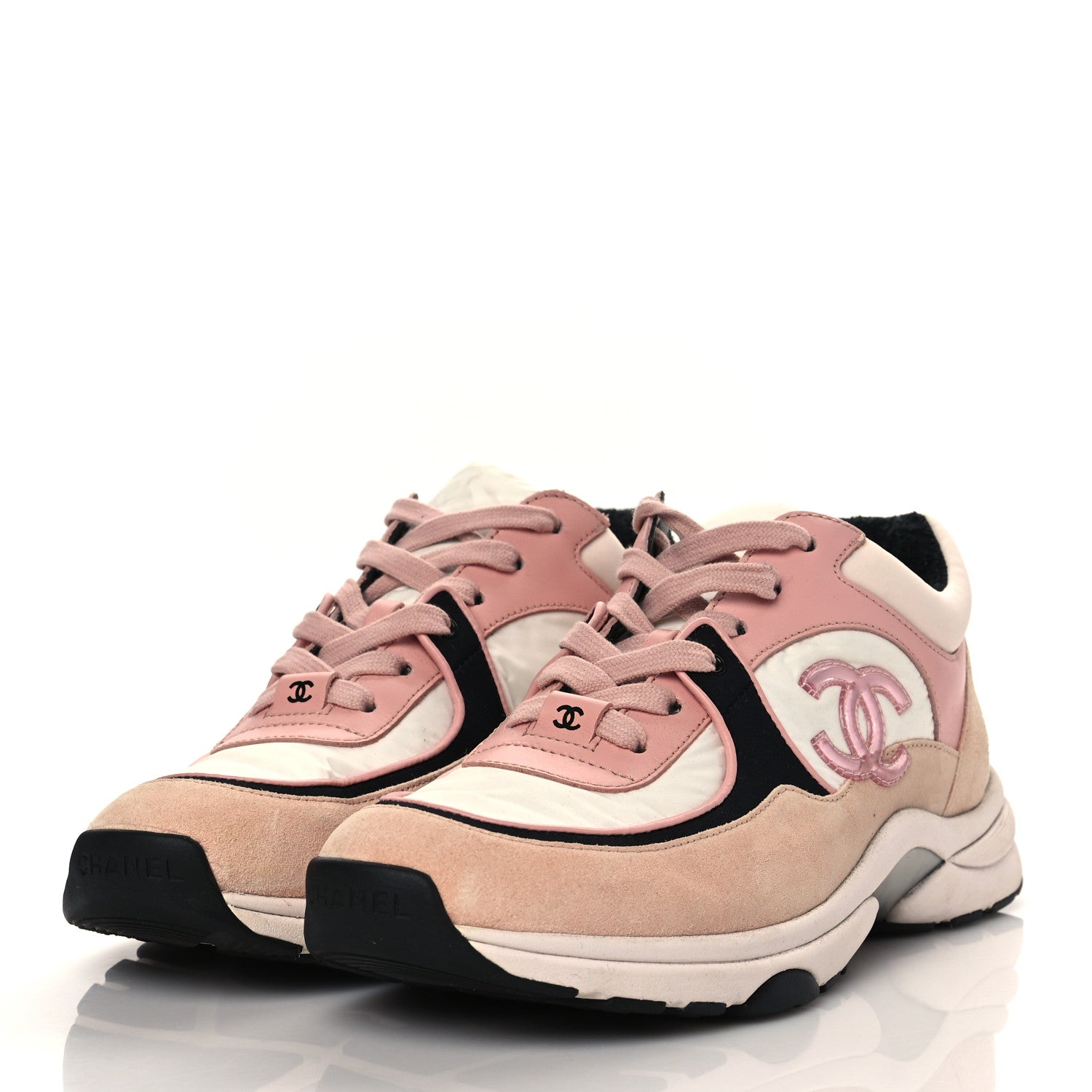 Chanel Nylon Lambskin Suede Calfskin CC Sneakers 37 Pink White Black 3 of 7