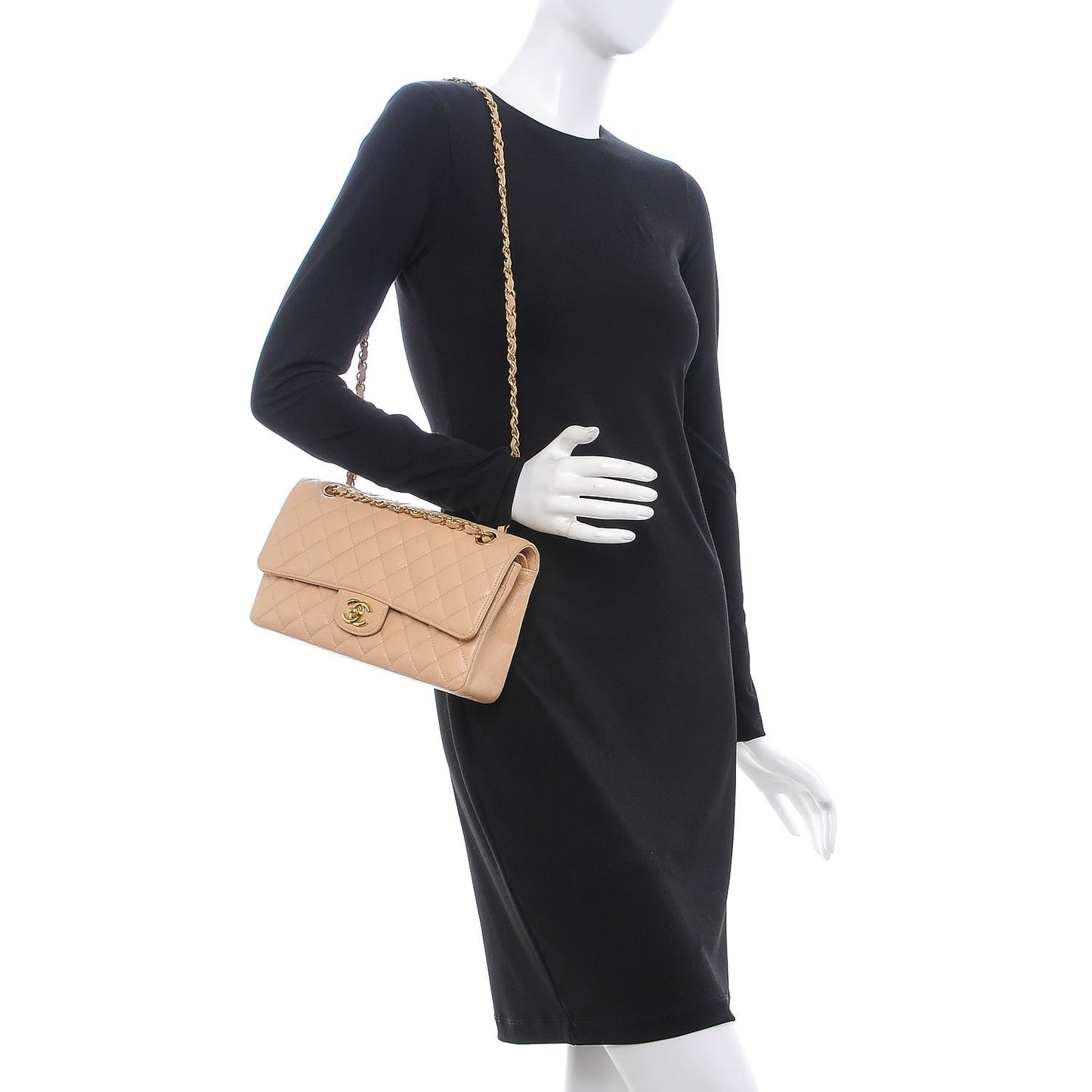 Caviar Quilted Medium Double Flap Beige Clair