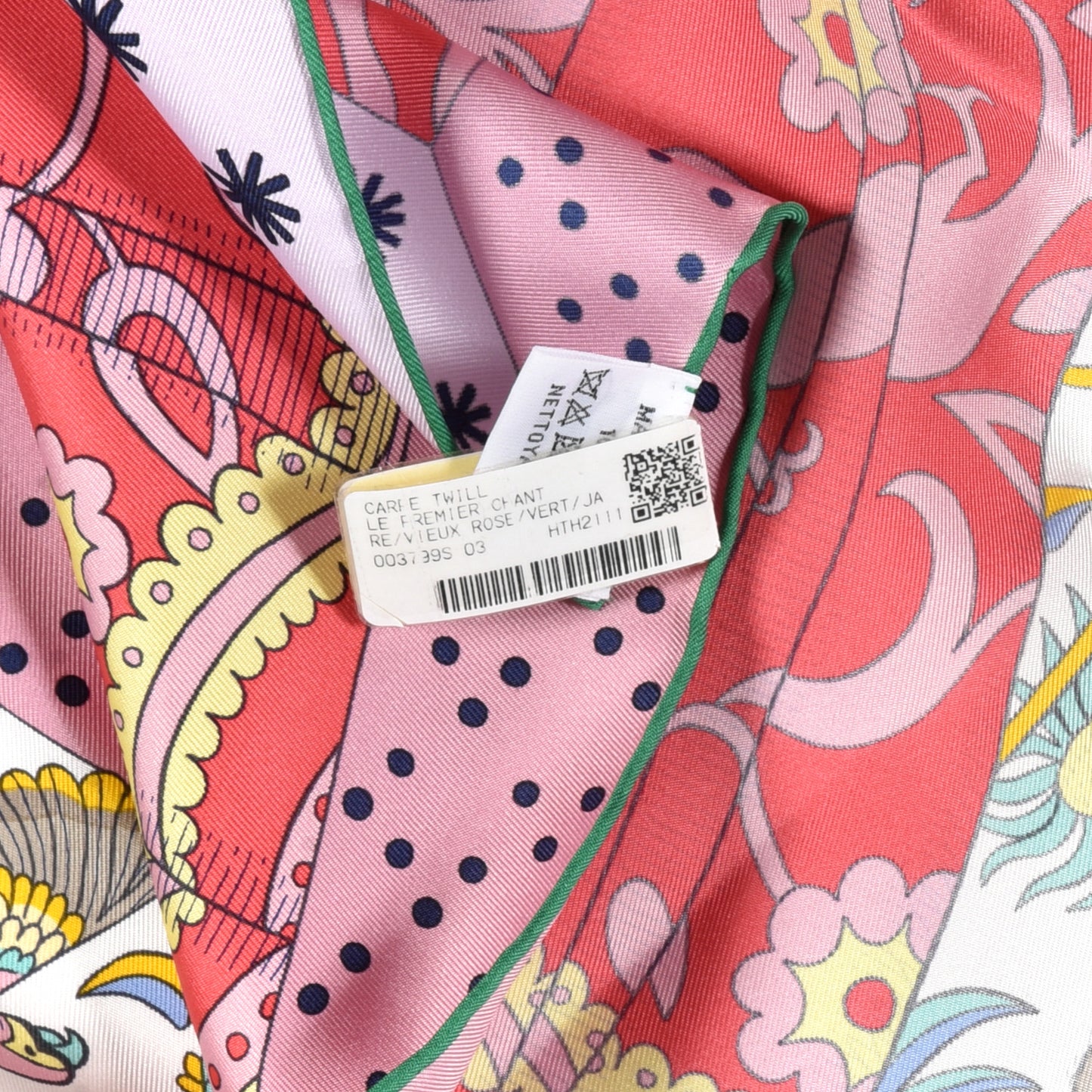 Silk Le Premier Chant Scarf 90 Vieux Rose Vert Jaune
