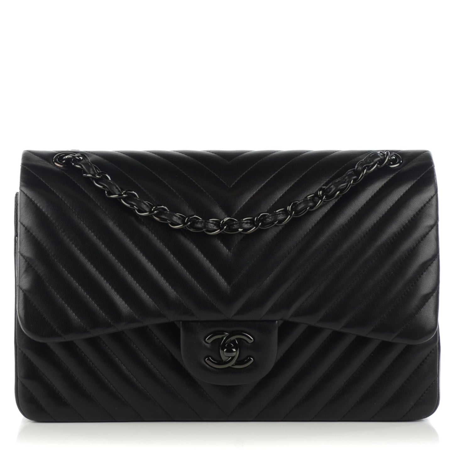 Lambskin Chevron Quilted Jumbo Double Flap So Black