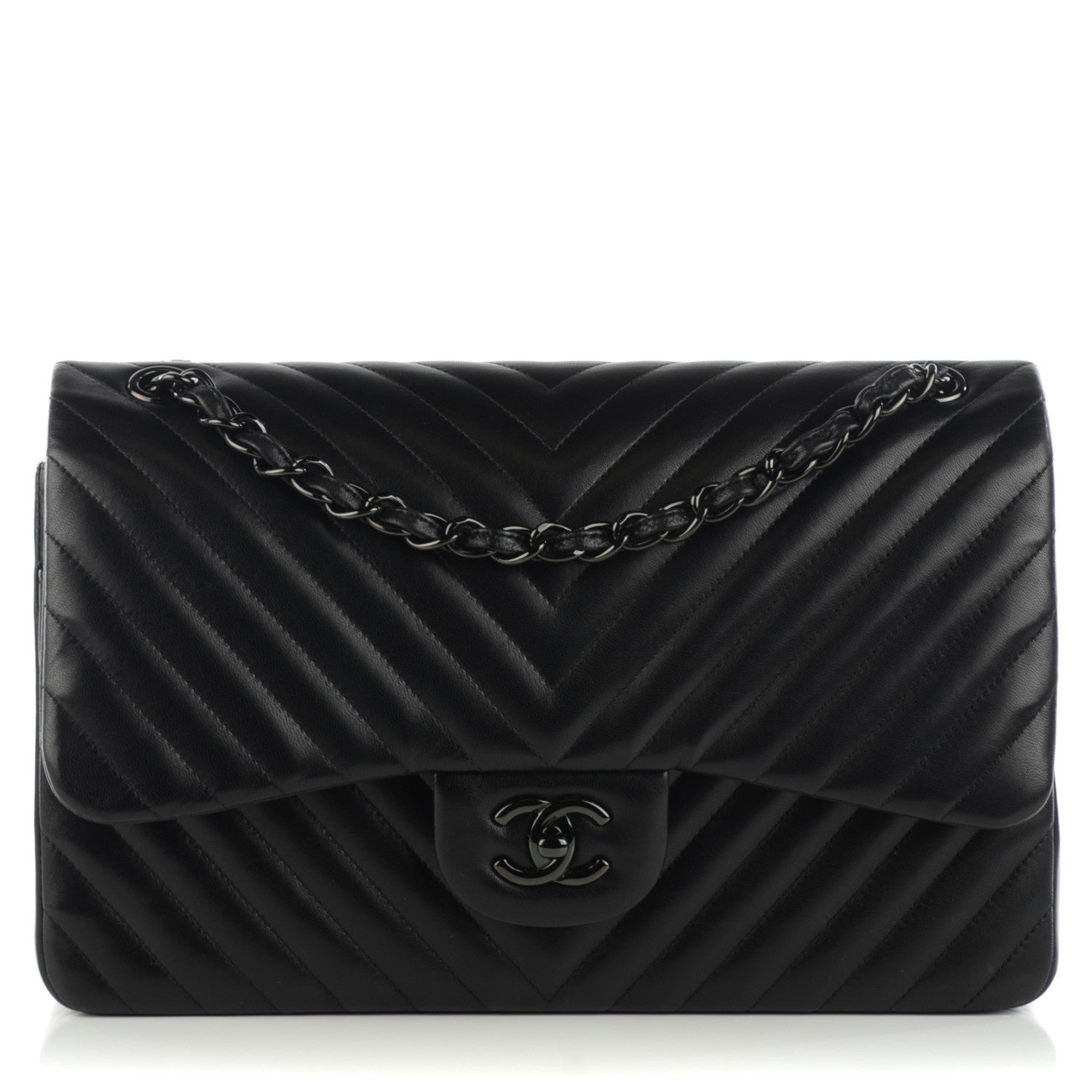 Chanel Lambskin Chevron Quilted Jumbo Double Flap So Black 1 of 9