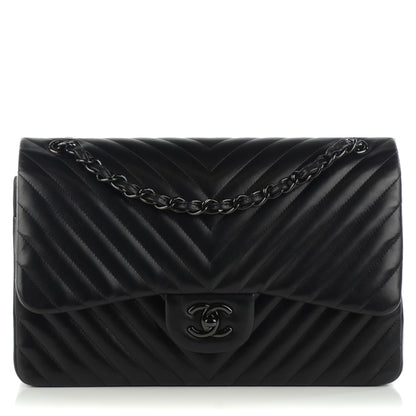 Chanel Lambskin Chevron Quilted Jumbo Double Flap So Black 1 of 9