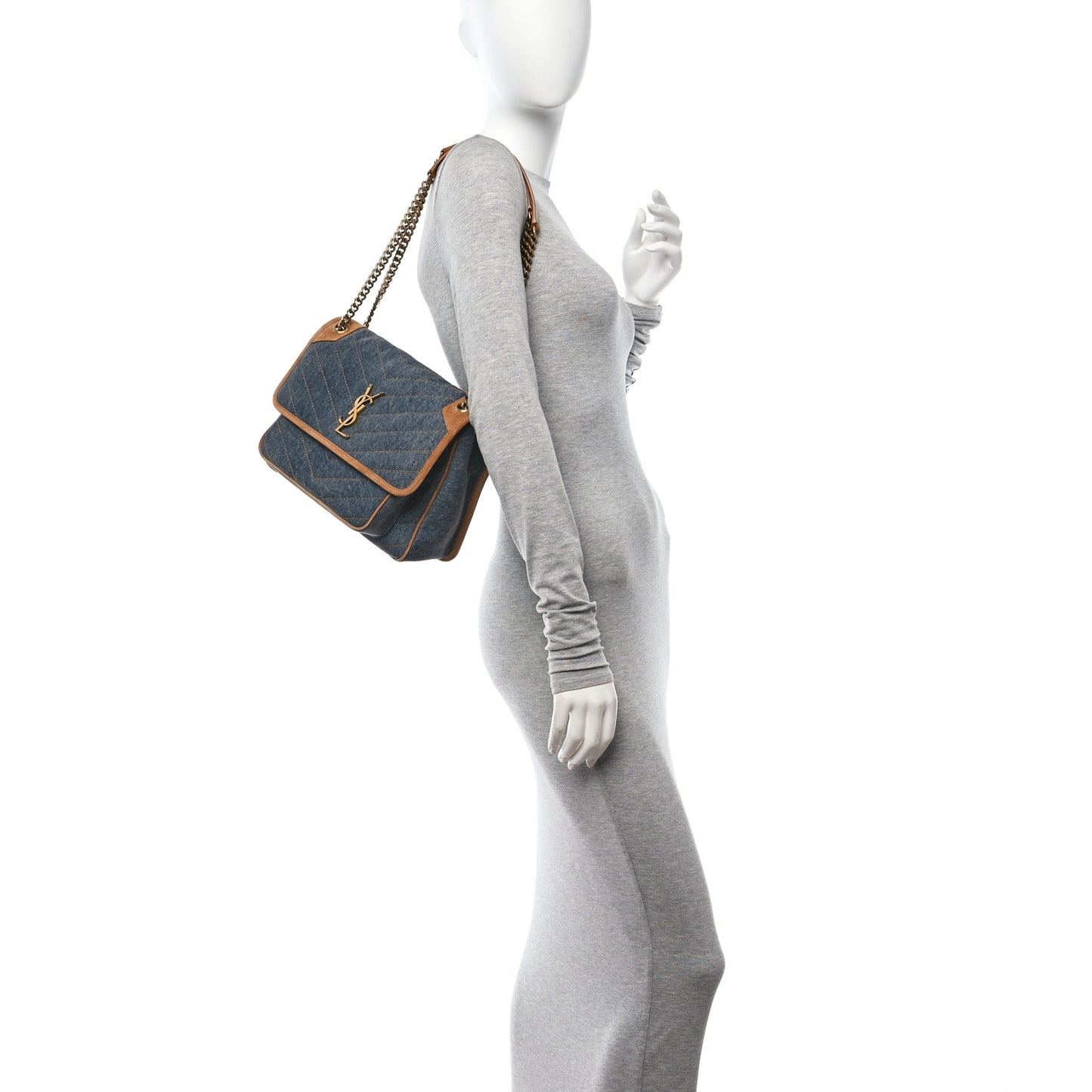 Denim Suede Monogram Medium Niki Chain Satchel Blue Cinnamon