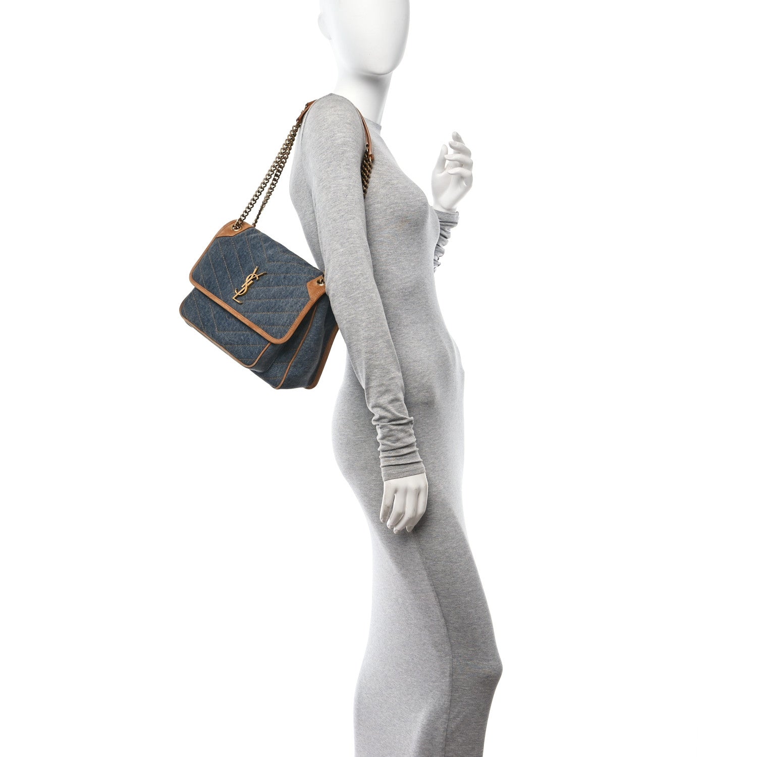 Saint Laurent Denim Suede Monogram Medium Niki Chain Satchel Blue Cinnamon 2 of 11
