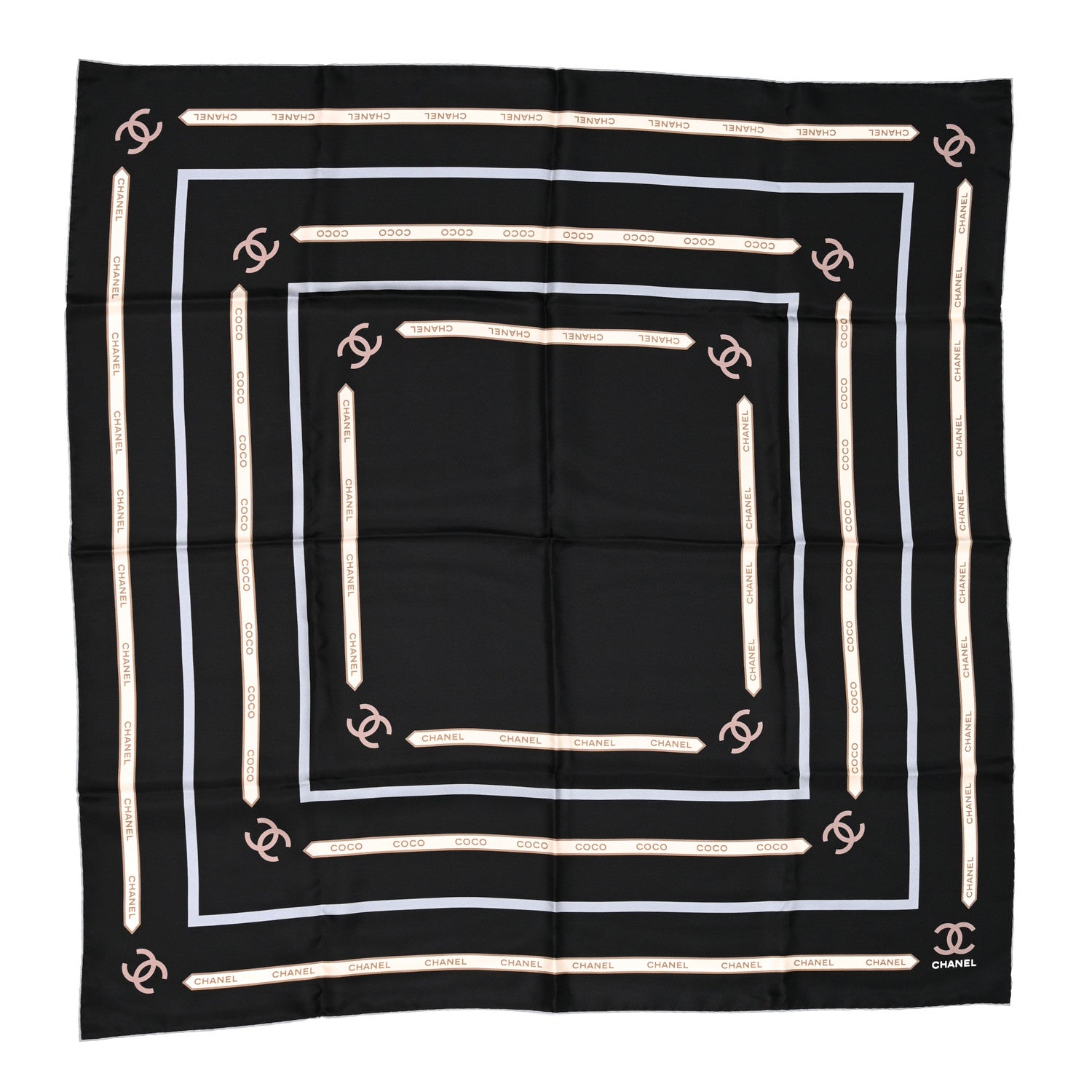 Chanel Silk CC Ribbon Square Scarf Ecru Black Light Pink 1 of 3