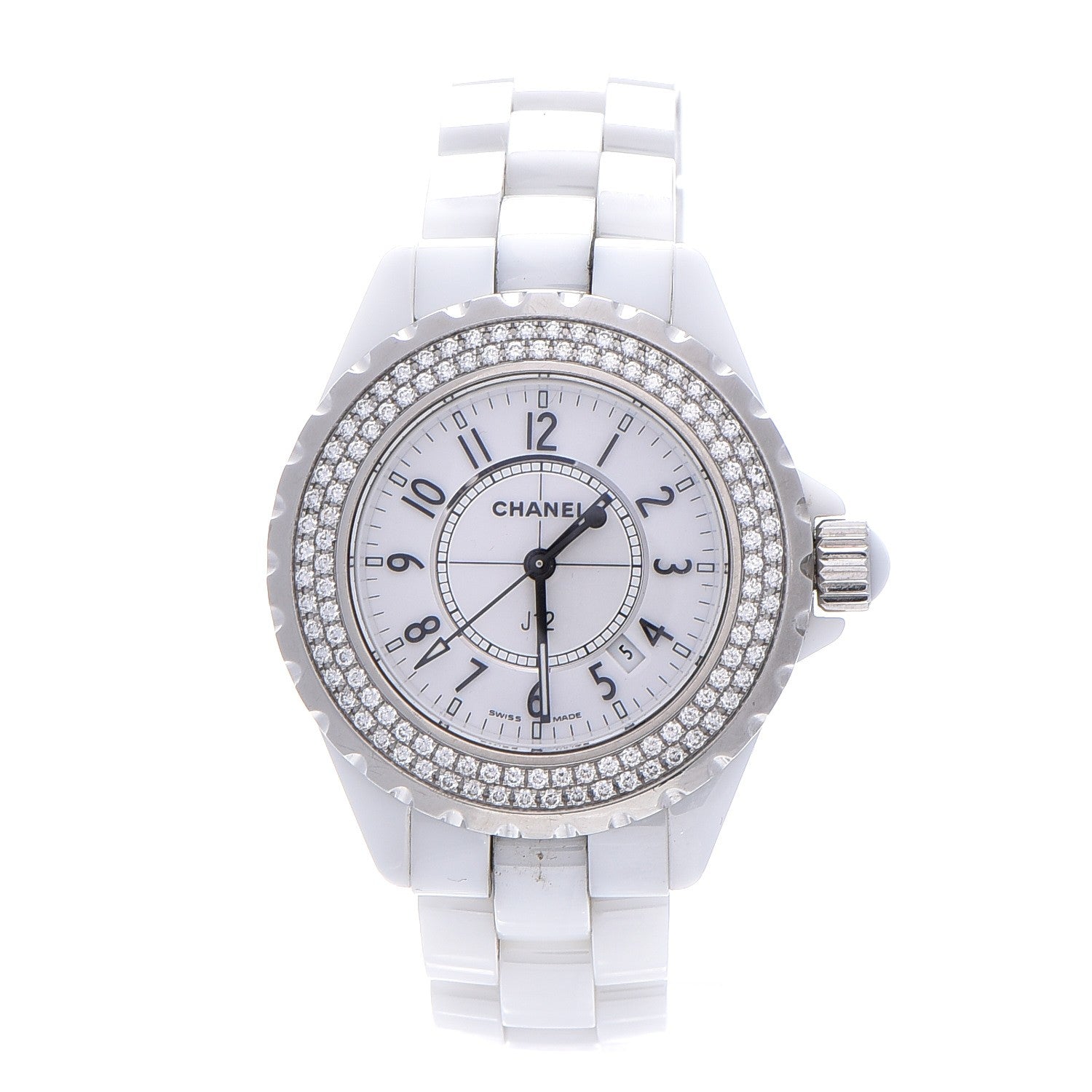 Chanel Stainless Steel Ceramic Diamond Pave Bezel 33mm J12 Quartz Watch White 1 of 2