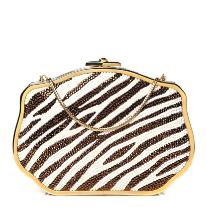 Judith Leiber Swarovski Crystal Zebra Minaudiere Clutch Brown White Gold 1 of 10