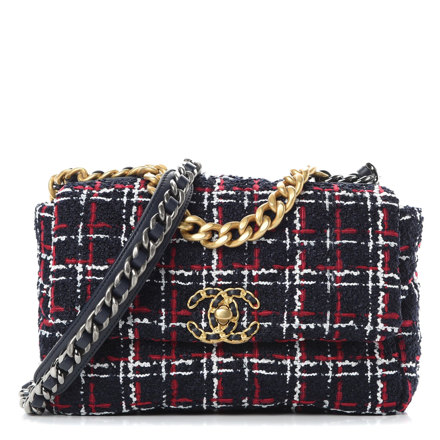 Chanel Tweed Quilted Medium 19 Flap Navy Blue White Red 1 of 10