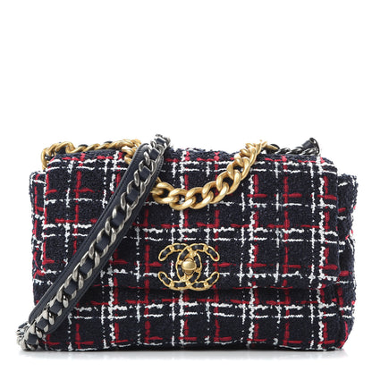 Chanel Tweed Quilted Medium 19 Flap Navy Blue White Red 1 of 10