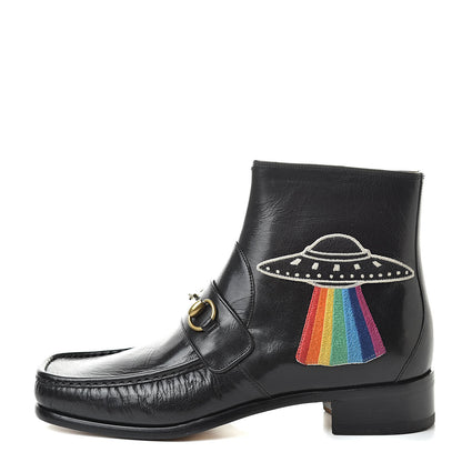 Gucci Goatskin UFO Embroidered Mens Horsebit Ankle Boots 8 Black 1 of 9