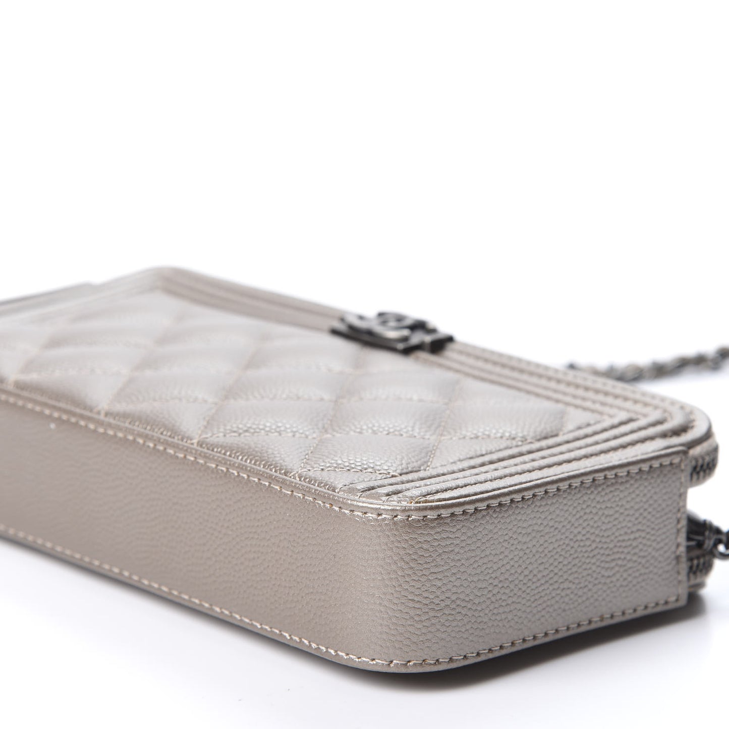Metallic Caviar Quilted Small Boy Clutch With Chain Copper