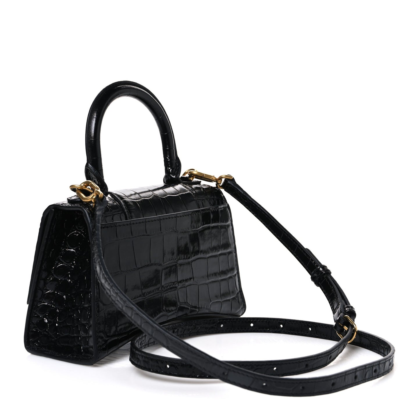 Shiny Calfskin Crocodile Embossed Hourglass Top Handle Bag XS Black