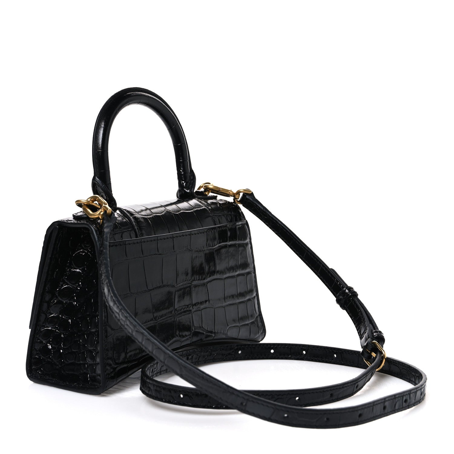 Balenciaga Shiny Calfskin Crocodile Embossed Hourglass Top Handle Bag XS Black 3 of 11