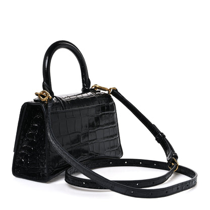 Balenciaga Shiny Calfskin Crocodile Embossed Hourglass Top Handle Bag XS Black 3 of 11
