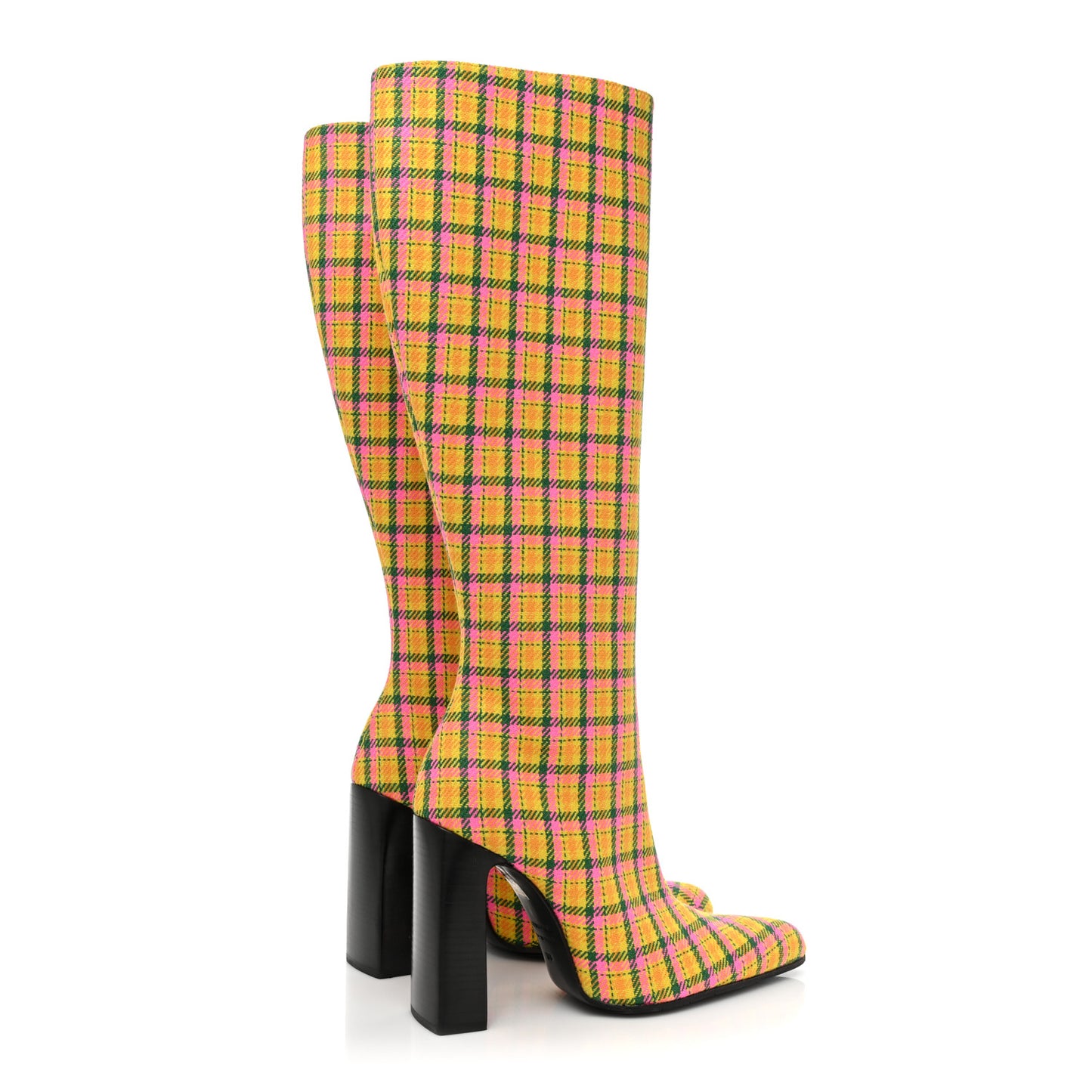 Wool Check Knee High Boots 38 Jaune Rose Fluo