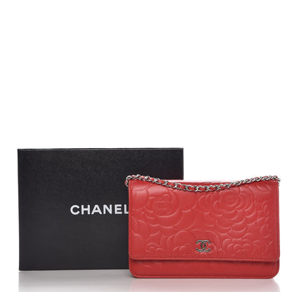 Chanel Lambskin Camellia Embossed Wallet On Chain WOC Red 9 of 9