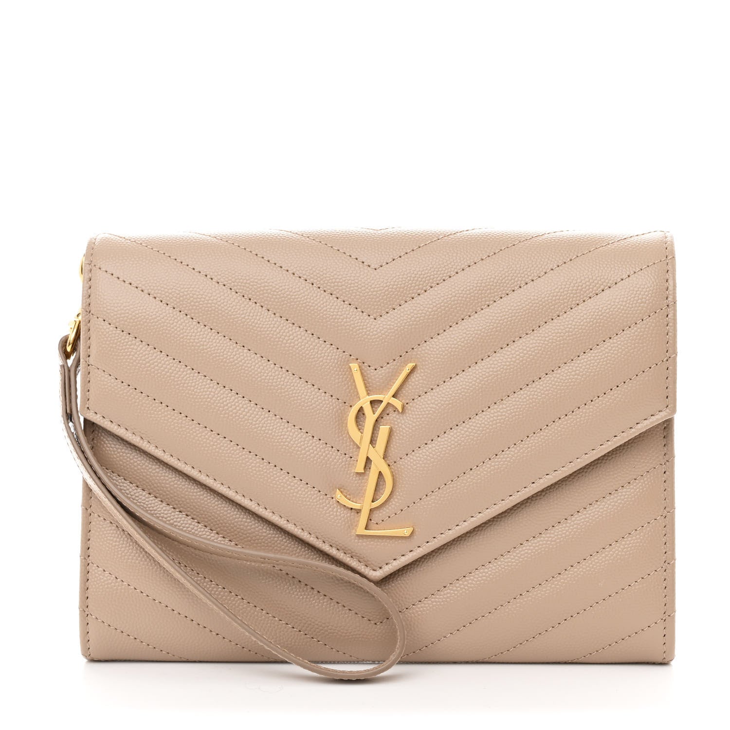 Saint Laurent Grain De Poudre Matelasse Chevron Monogram Envelope Clutch Dark Beige 1 of 8