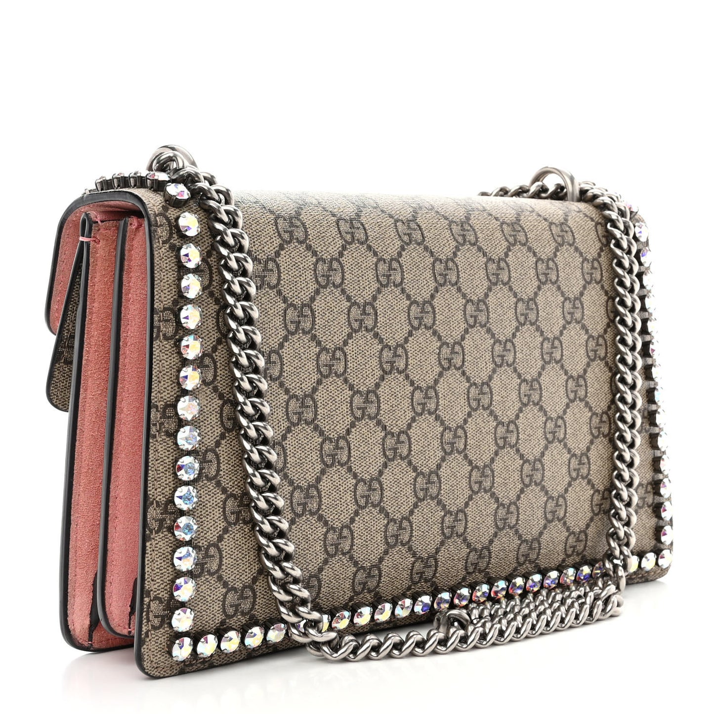 GG Supreme Monogram Suede Crystal Small Dionysus Shoulder Bag Beige Ebony Light Peonia