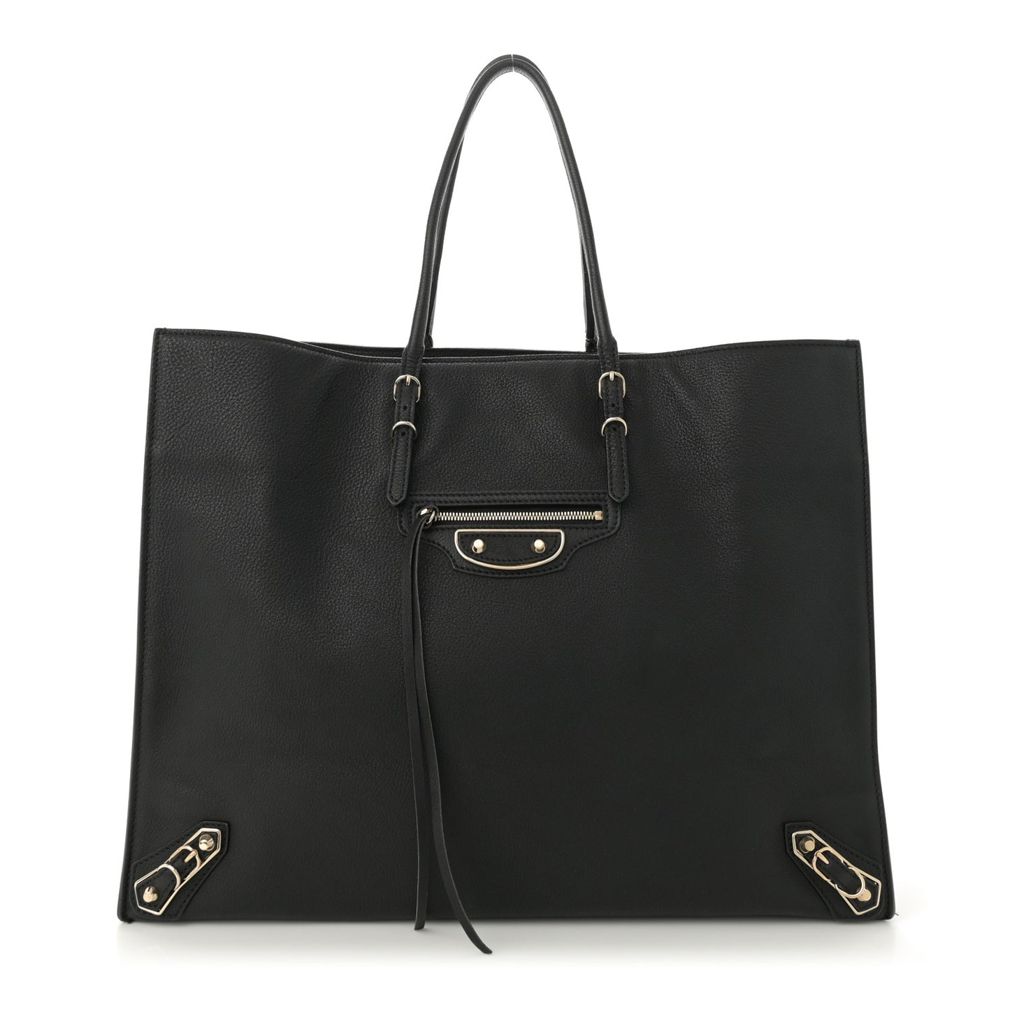Grained Calfskin Silver Metallic Edge Hardware Papier A4 Tote Black