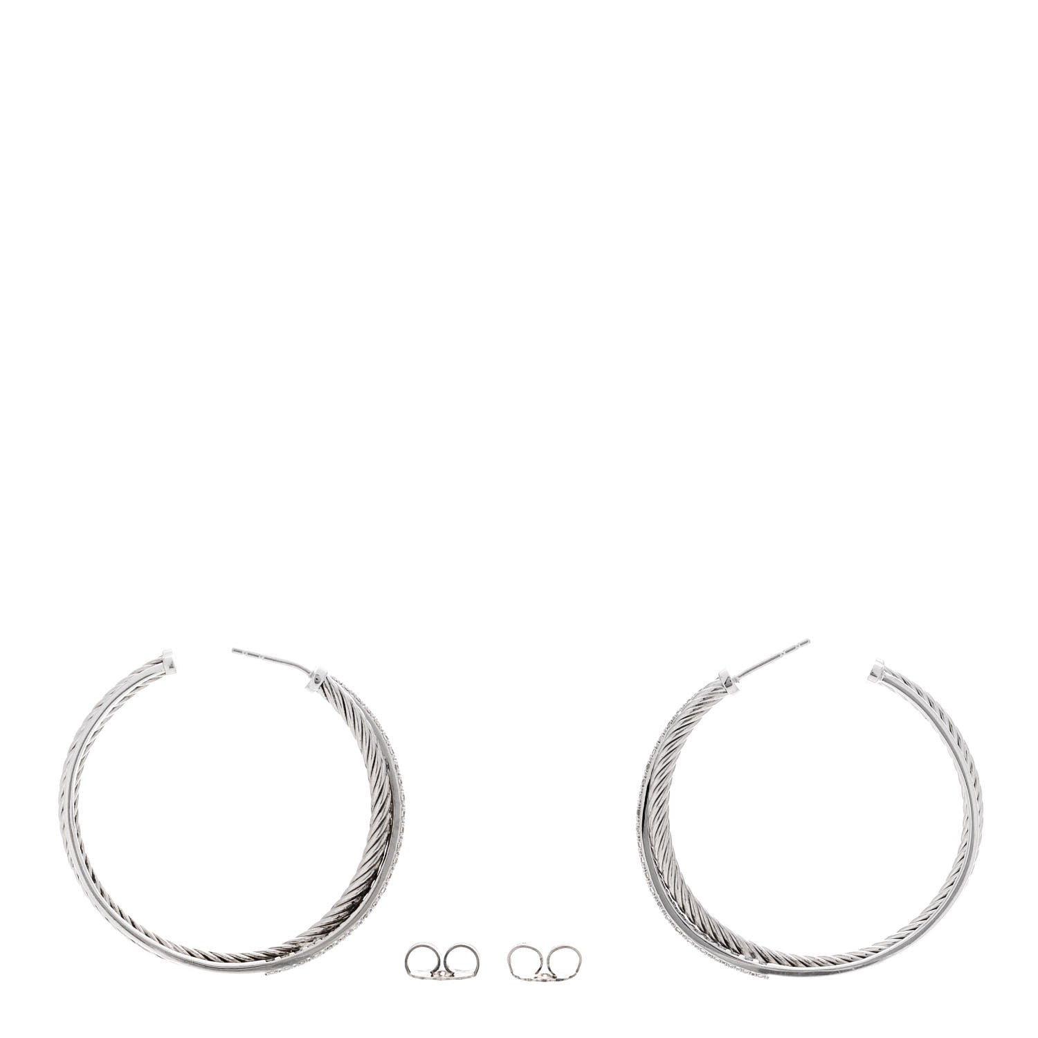 David Yurman Sterling Silver 14K White Gold Diamond 44mm Crossover Hoop Earrings 3 of 7