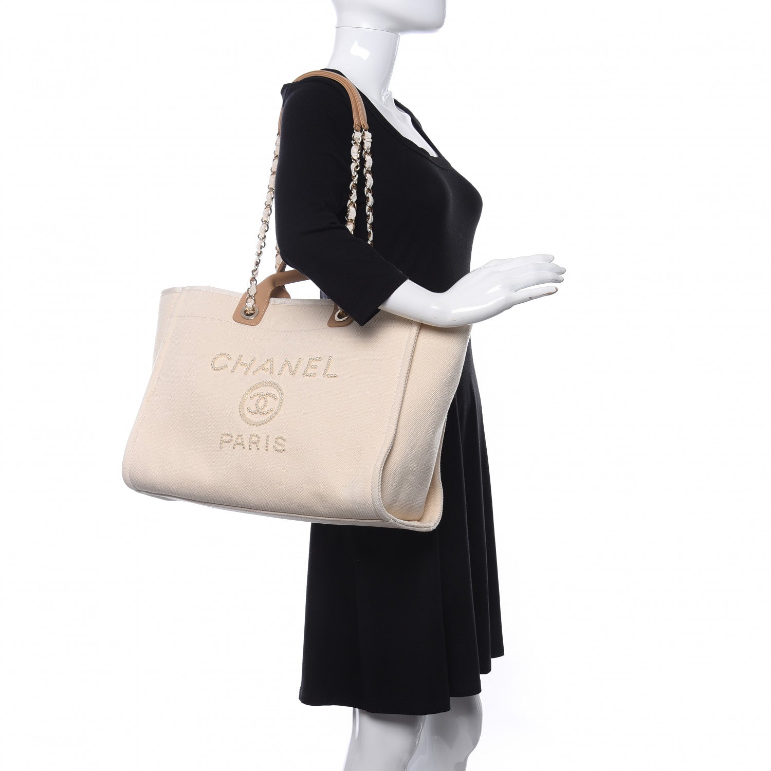 Chanel Canvas Pearl Medium Deauville Tote Ecru Beige 2 of 10