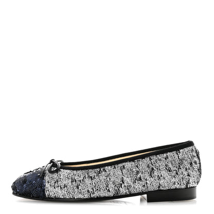 Chanel Tweed Sequin Cap Toe Ballerina Flats 35 Silver Black Blue 1 of 10