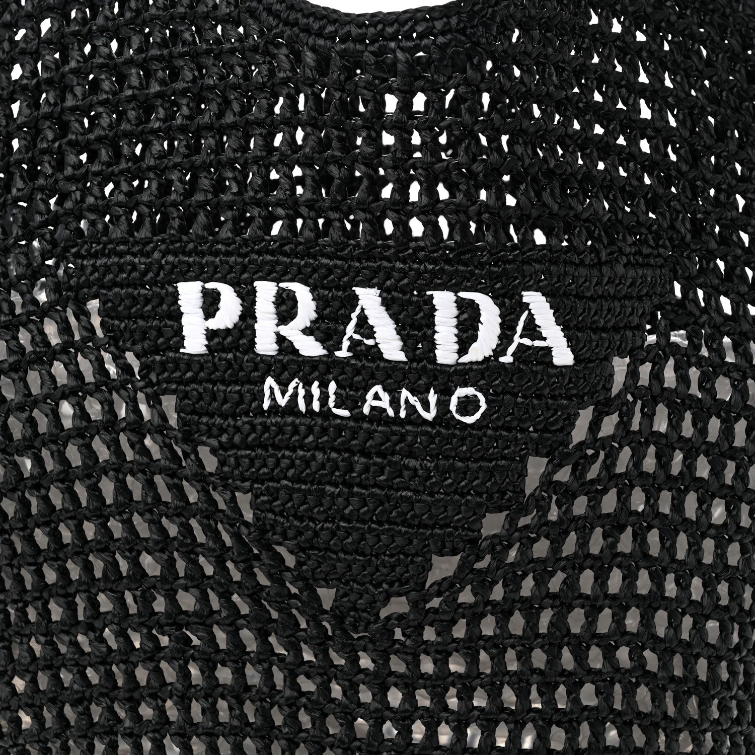 Prada Yarn Raffia Effect Crochet Logo Embroidered Shopping Tote Bag Black 8 of 10
