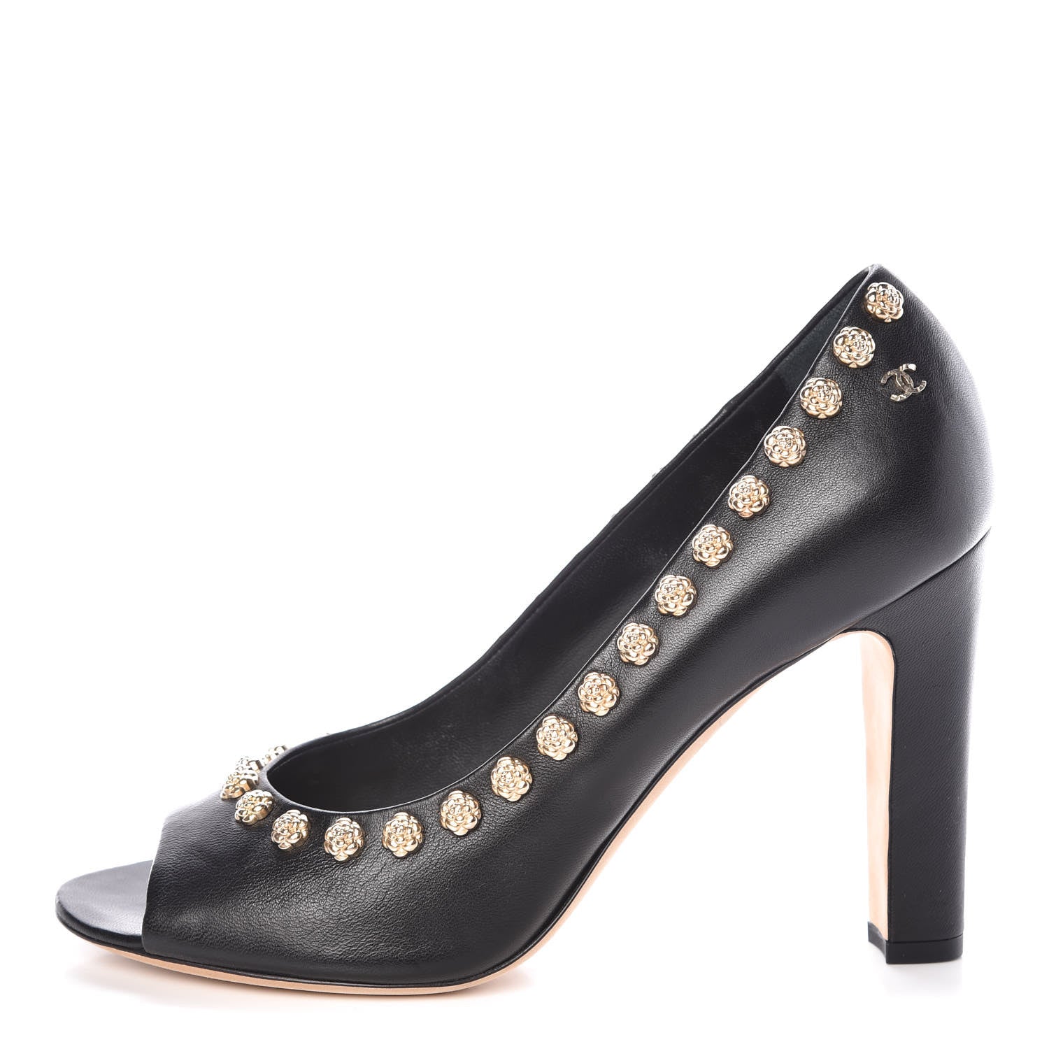 Chanel Lambskin Camellia Peep Toe Pumps 39.5 Black 1 of 9