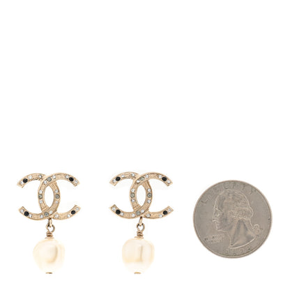 Chanel Crystal Pearl CC Drop Earrings Gold Black 2 of 5