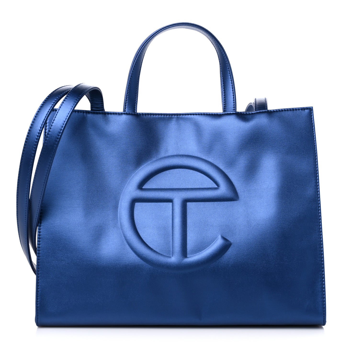 Metallic Vegan Leather Medium Shopping Bag Cobalt