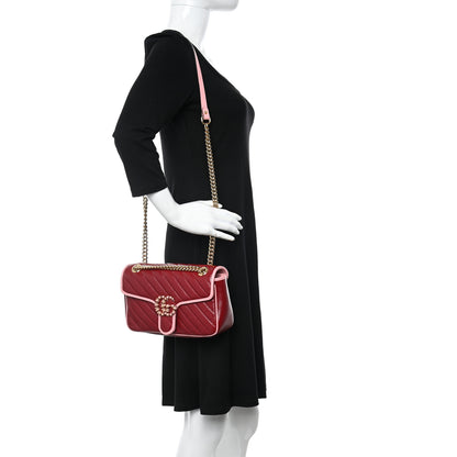 Gucci Azalea Calfskin Enamel Matelasse Diagonal Small Torchon GG Marmont Shoulder Bag New Cherry Red Wild Rose 2 of 10