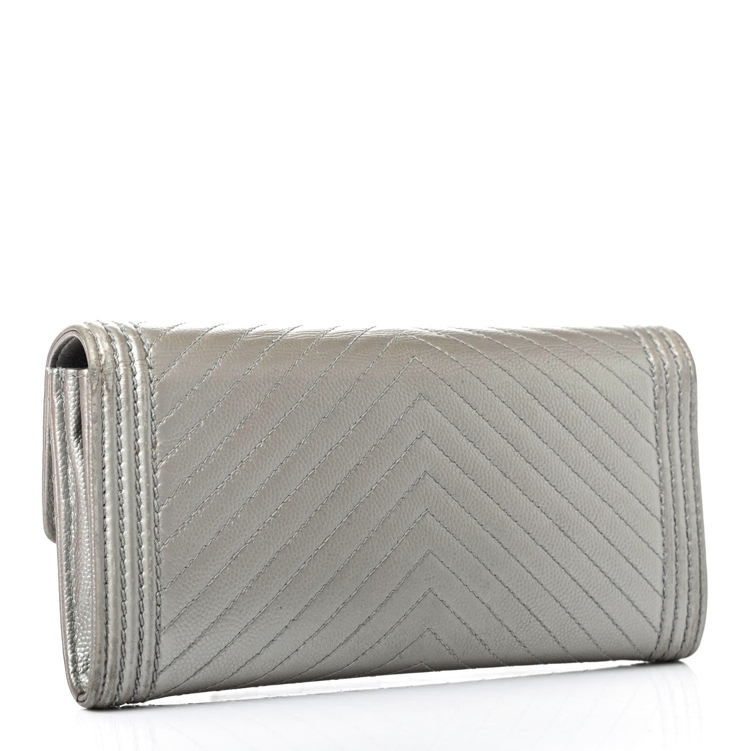 Chanel Metallic Caviar Chevron Quilted Large Boy Gusset Flap Wallet Silver 2 of 4