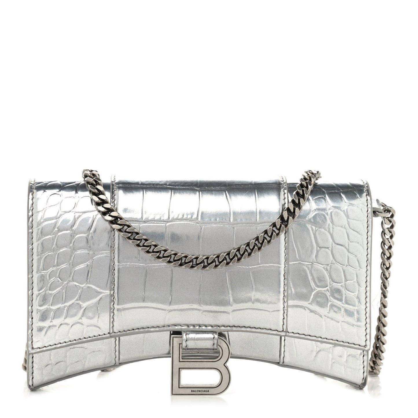 Metallic Calfskin Crocodile Embossed Hourglass Chain Bag Silver