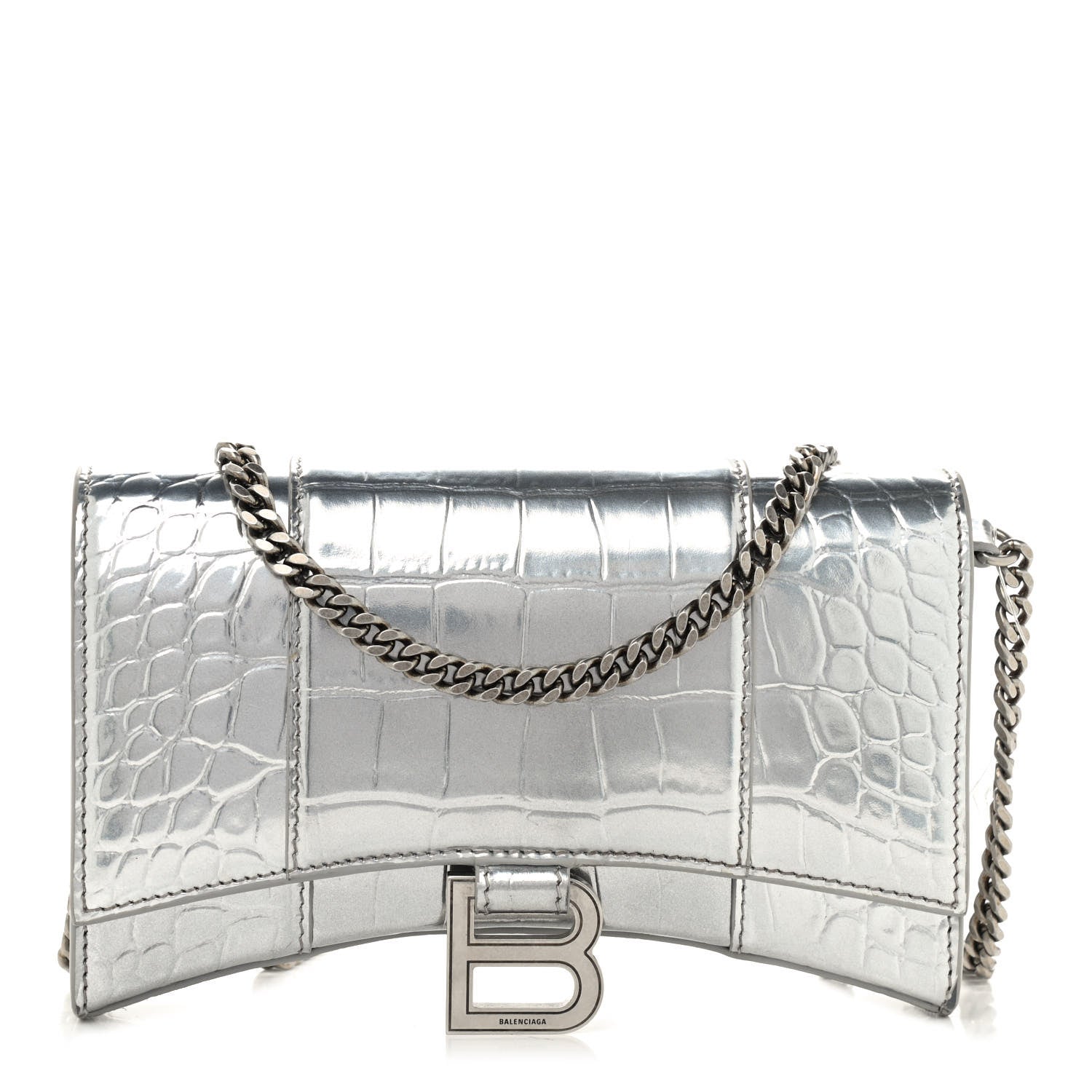 Balenciaga Metallic Calfskin Crocodile Embossed Hourglass Chain Bag Silver 1 of 8