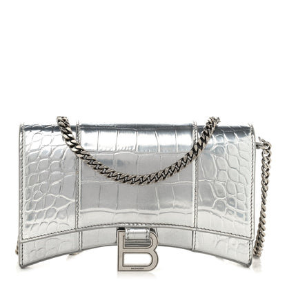 Balenciaga Metallic Calfskin Crocodile Embossed Hourglass Chain Bag Silver 1 of 8