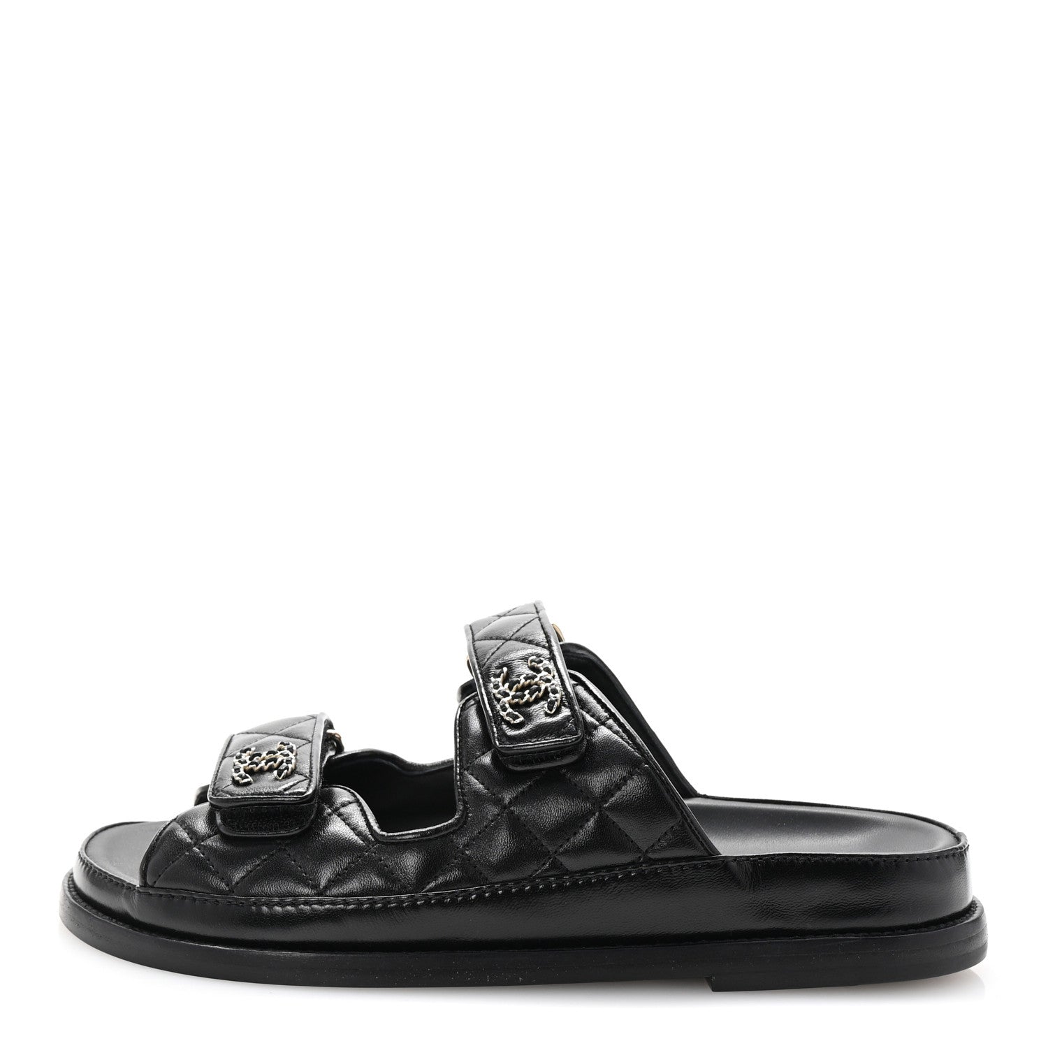 Chanel Lambskin Quilted Velcro Dad Chain CC Slide Sandals 37.5 Black 1 of 10