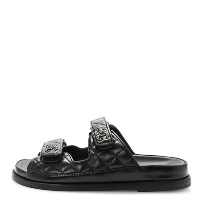 Chanel Lambskin Quilted Velcro Dad Chain CC Slide Sandals 37.5 Black 1 of 10