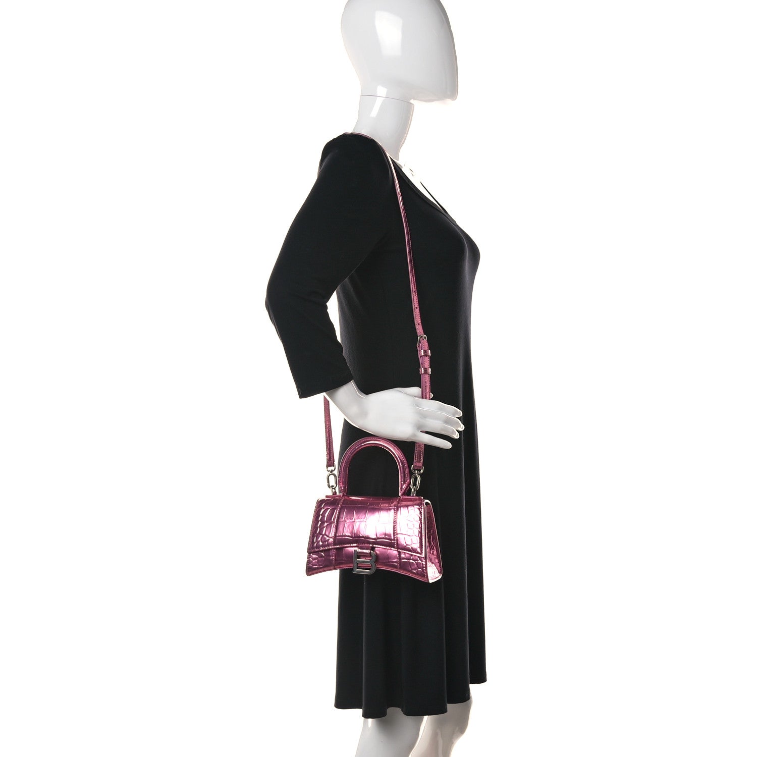 Balenciaga Metallic Shiny Calfskin Crocodile Embossed Hourglass Top Handle Bag XS Pink 2 of 11