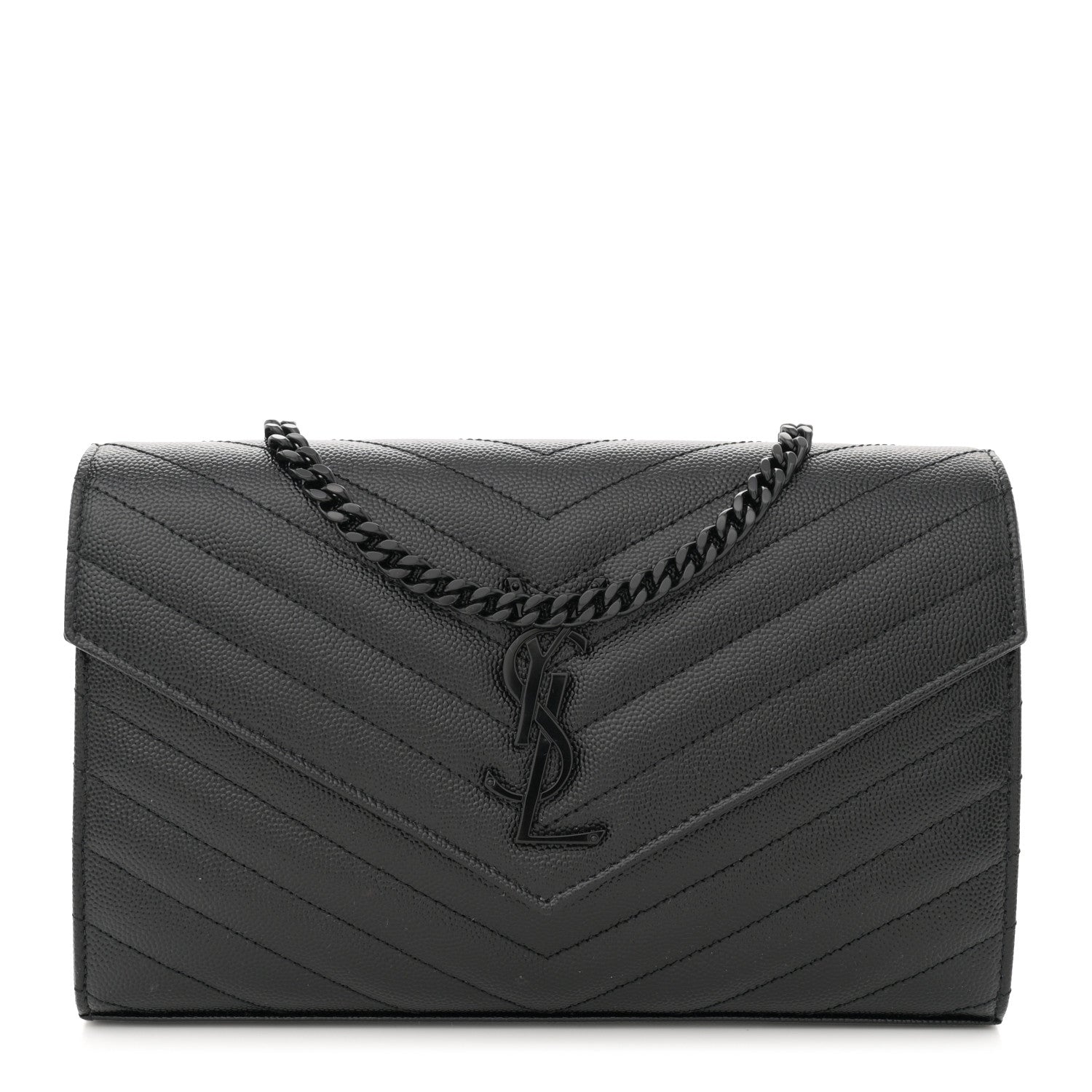 Saint Laurent Grain De Poudre Matelasse Chevron Monogram Monochrome Chain Wallet Black 1 of 10