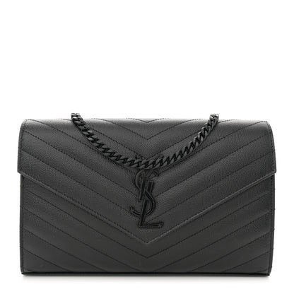 Saint Laurent Grain De Poudre Matelasse Chevron Monogram Monochrome Chain Wallet Black 1 of 10