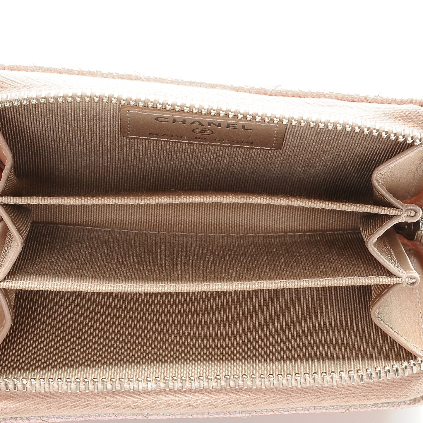 Metallic Caviar Chevron Quilted Zip Around Coin Purse Light Gold