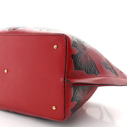 Valentino Garavani Grained Calfskin Butterfly Embossed Medium VLogo Escape Shopper Bag Red Black 10 of 17