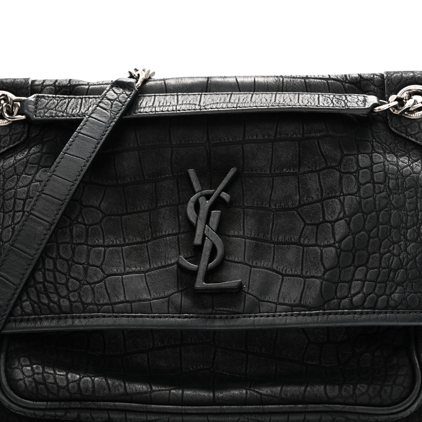 Nubuck Crocodile Embossed Monogram Medium Niki Chain Satchel Black