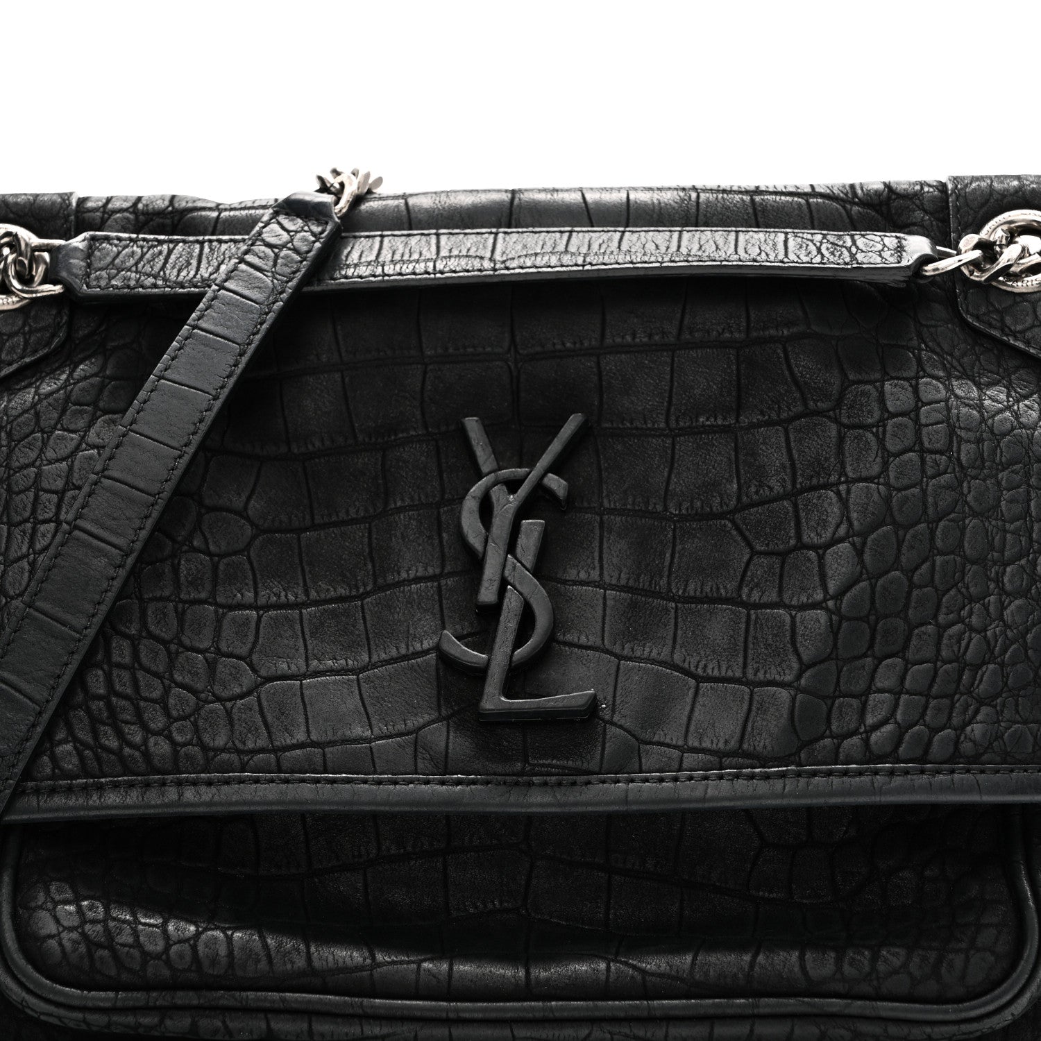 Saint Laurent Nubuck Crocodile Embossed Monogram Medium Niki Chain Satchel Black 8 of 10