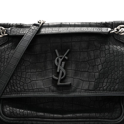 Saint Laurent Nubuck Crocodile Embossed Monogram Medium Niki Chain Satchel Black 8 of 10