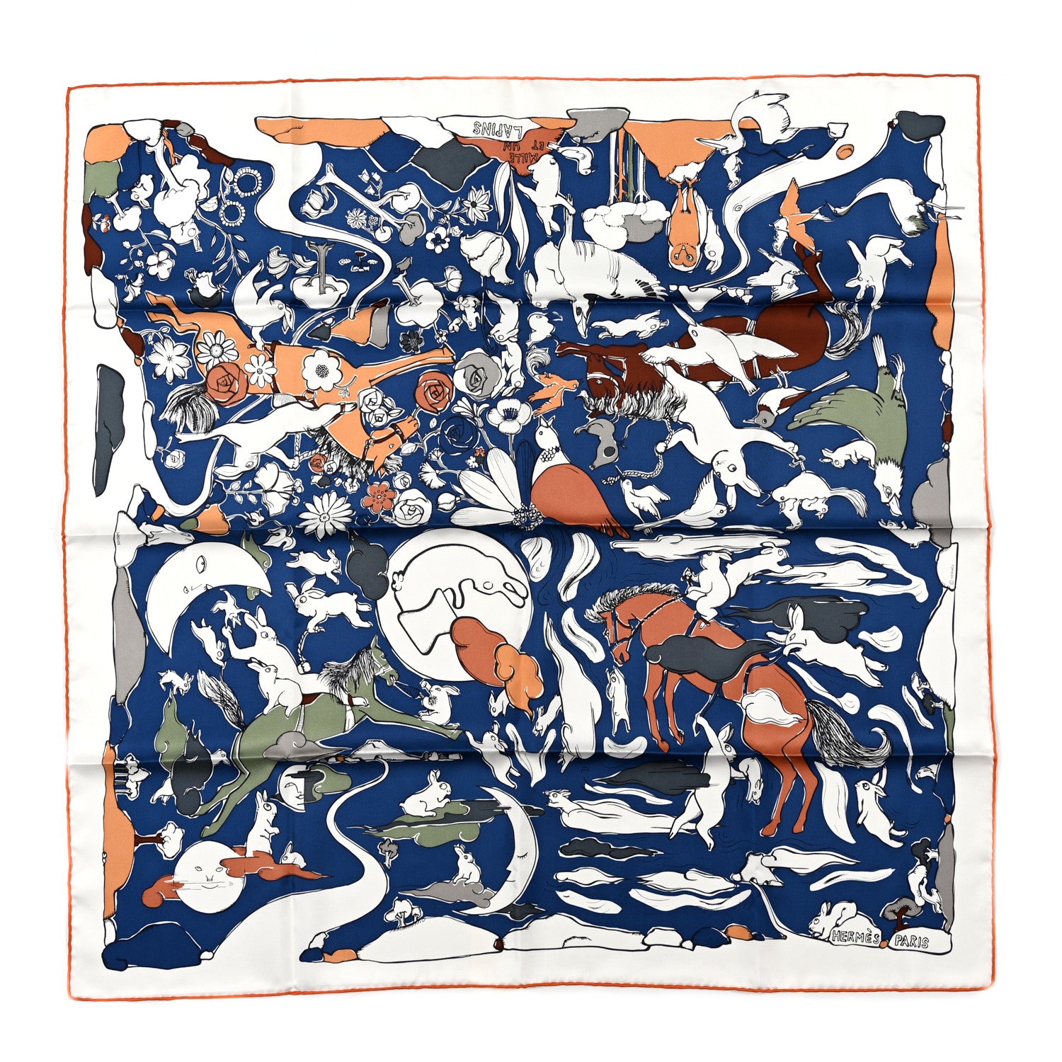 Hermes Silk Mille Et Un Lapins Scarf 90 White Marine Kaki 1 of 5